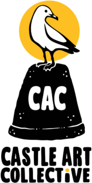 Castle Art Collective logo: a seagull standing on a black thimble marked CAC