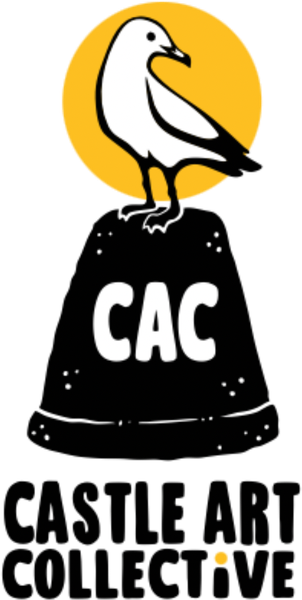 Castle Art Collective logo: a seagull standing on a black thimble marked CAC