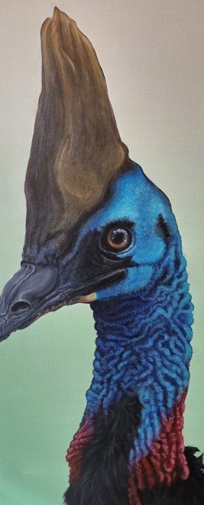 Portrait painting of a cassowary in profile, its blue neck and tall casque against a pale green ground