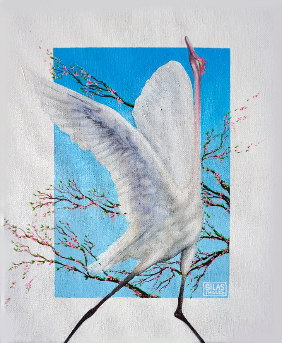 Painting of a white egret rearing with open wings among pink blossom branches, against a sky-blue colour block