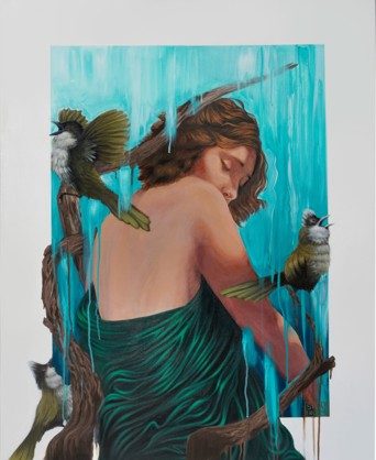 Painting of a figure wrapped in flowing green fabric, seen from behind and surrounded by honeyeater birds against a teal colour block